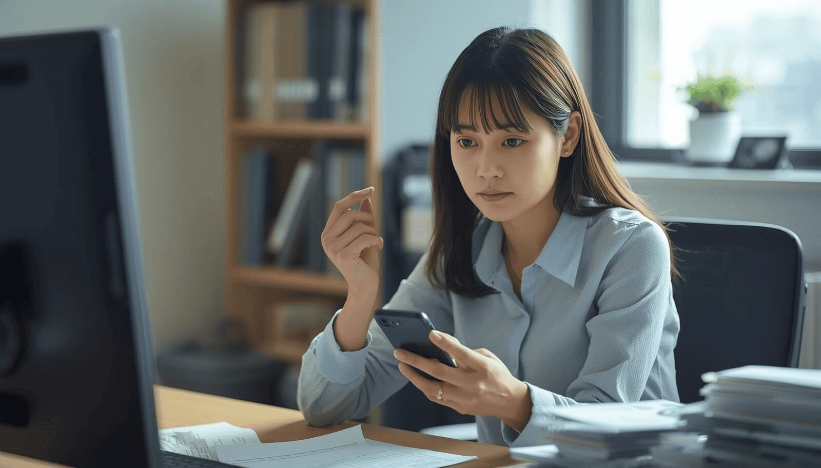 パワハラや長時間労働によるストレスで悩み、オフィスでスマートフォンを見ながら相談を迷っている女性の様子