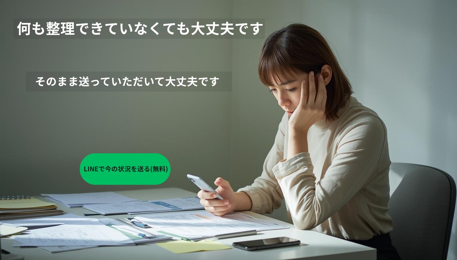パワハラやメンタル不調で悩み、スマホで相談を考えている女性（労災申請のLINE相談イメージ）