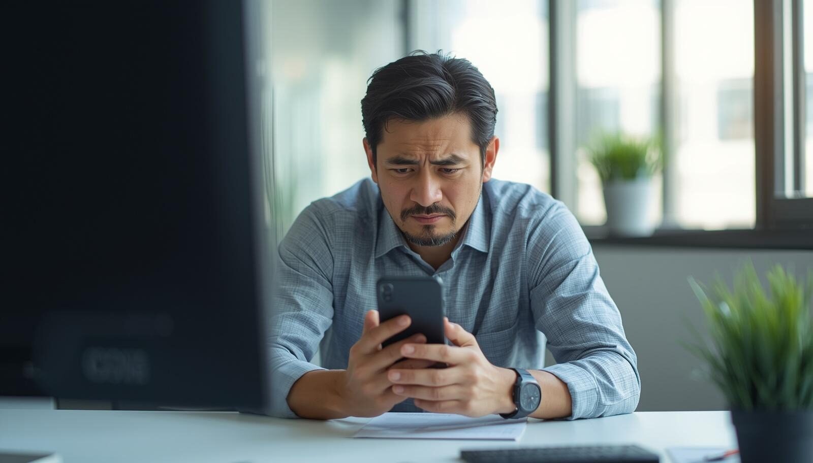 スマートフォンを見ながら悩む30代男性(労災申請に迷っているイメージ)