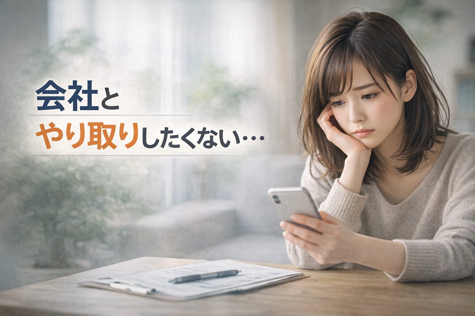 退職後の労災申請|会社とやり取りしたくない方へ 退職後に会社とやり取りしたくないと悩みながらスマートフォンを見る女性のイメージ(労災申請の不安)