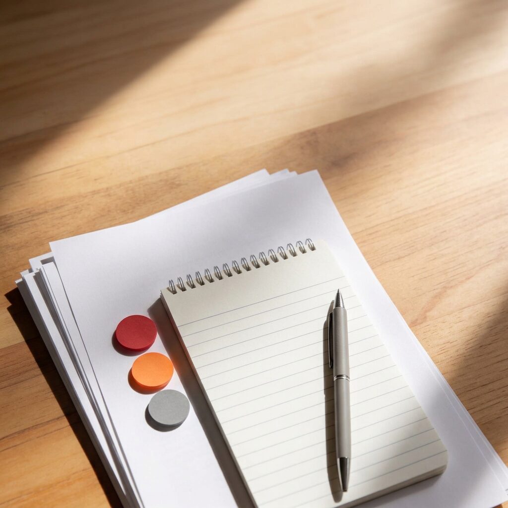 心理的負荷評価表の強・中・弱のセルフチェックをイメージした、木目のデスク上に無地の書類とノート、3色の丸い付箋、ペンが置かれた落ち着いた写真風アイキャッチ画像