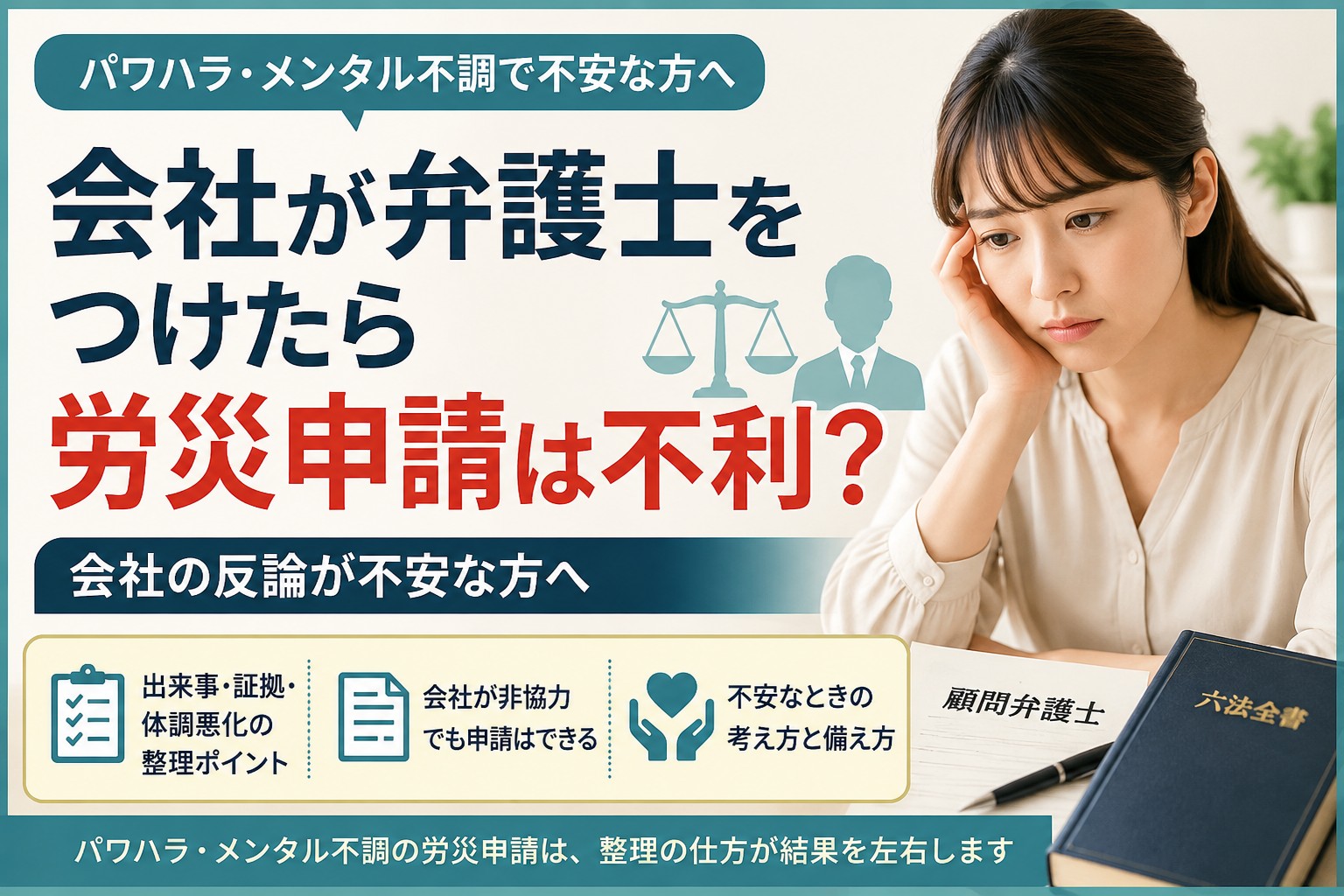 会社が弁護士をつけた場合の労災申請について不安を抱える女性のイメージ。パワハラ・メンタル不調による労災申請と会社の反論への対応を解説する記事のアイキャッチ