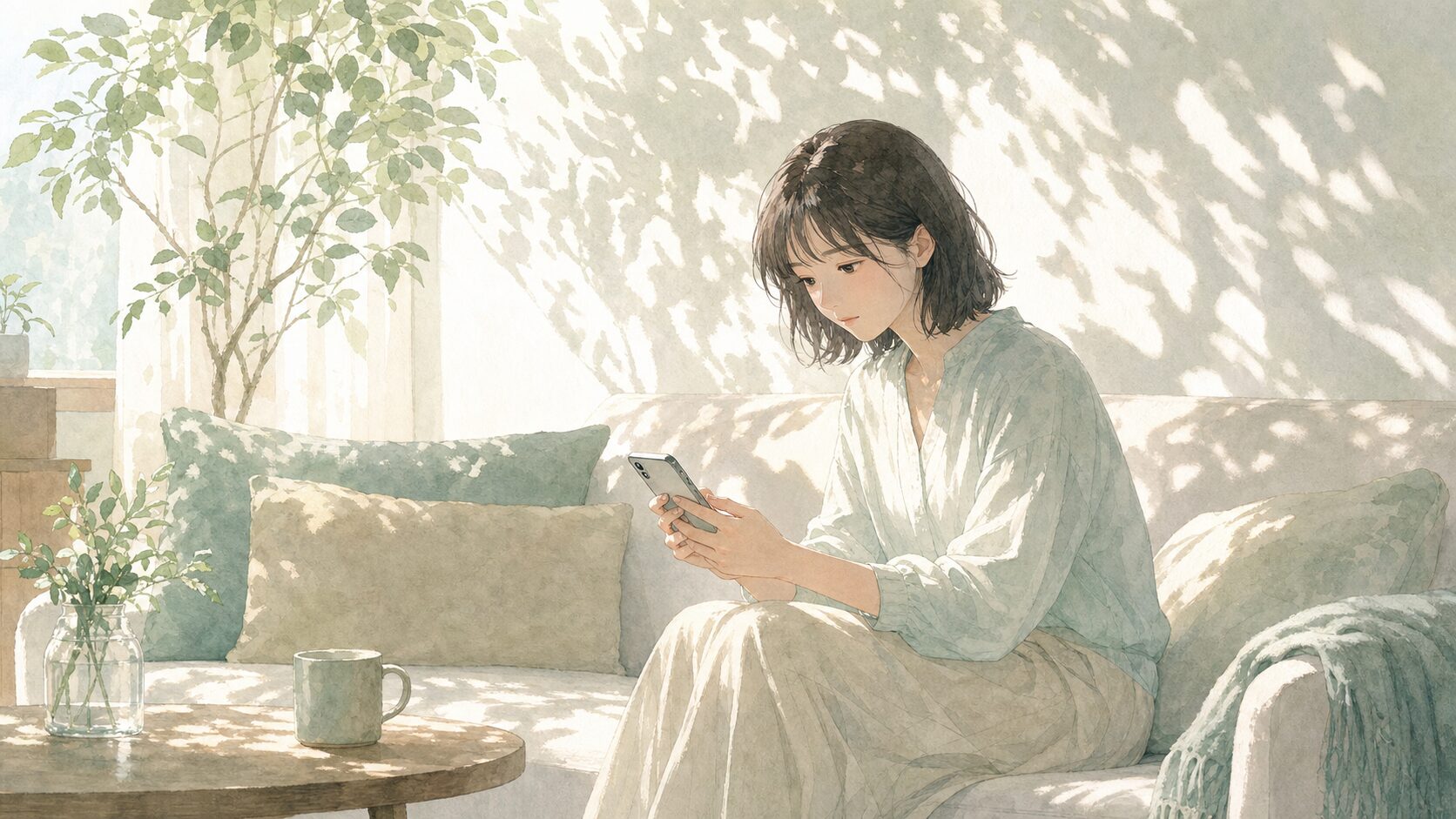 木漏れ日の中でスマホを手に静かに相談を考えている人物のイラスト。パワハラ・メンタル労災について、まとまっていなくてもそのまま送っていいと伝えるこもれび社労士事務所のイメージ画像