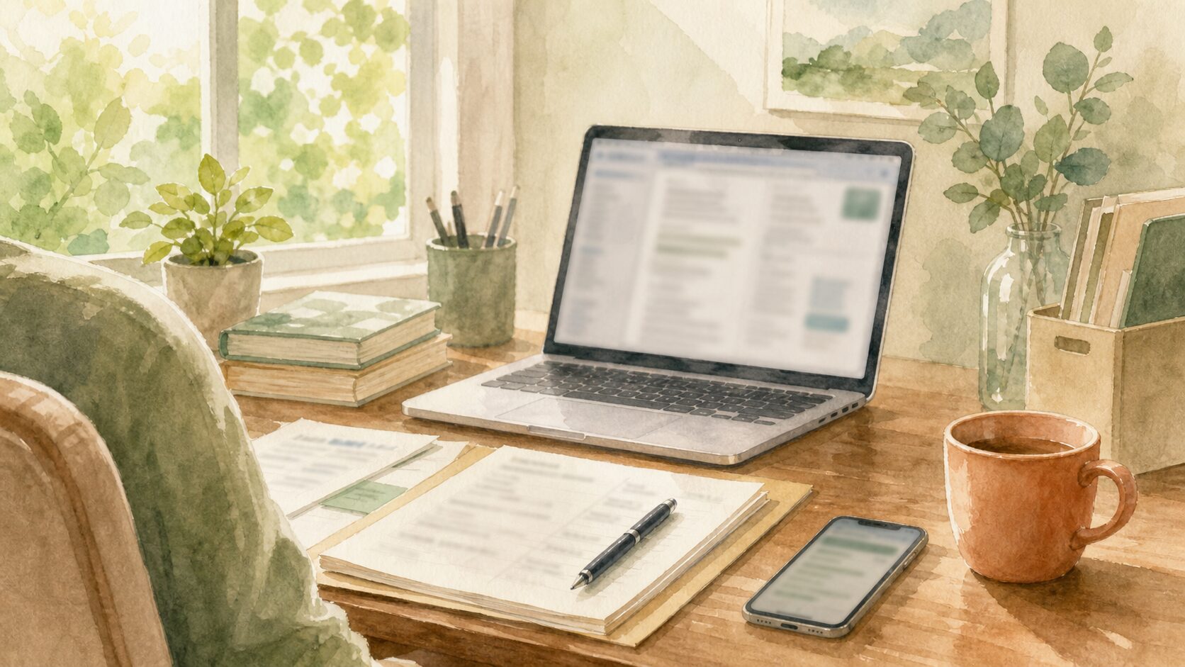 労災の証拠整理で、資料やメモを前に静かに向き合おうとしている場面をやわらかな水彩で描いたイメージ