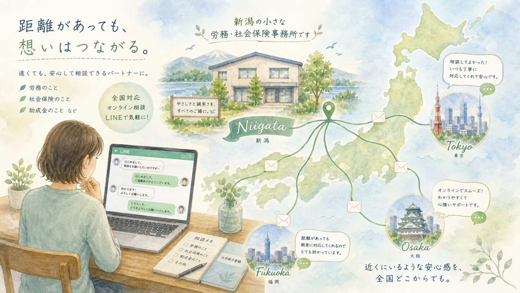 新潟の小さな事務所から、全国の相談者に向き合う様子をやわらかな水彩で描いたイラスト。