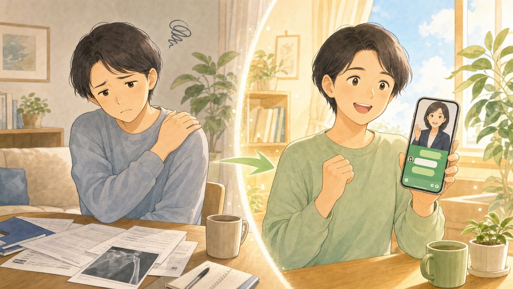 後遺障害の痛みやしびれで書類を前に一人で悩んでいた方がLINEで専門家に相談し、安心して申請へ進む流れのイメージ画像