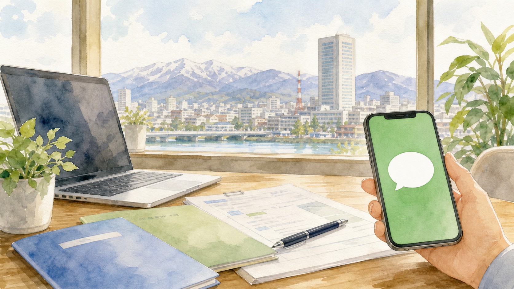新潟でパワハラやメンタル不調による労災相談を、LINEで落ち着いて始めるイメージの水彩イラスト