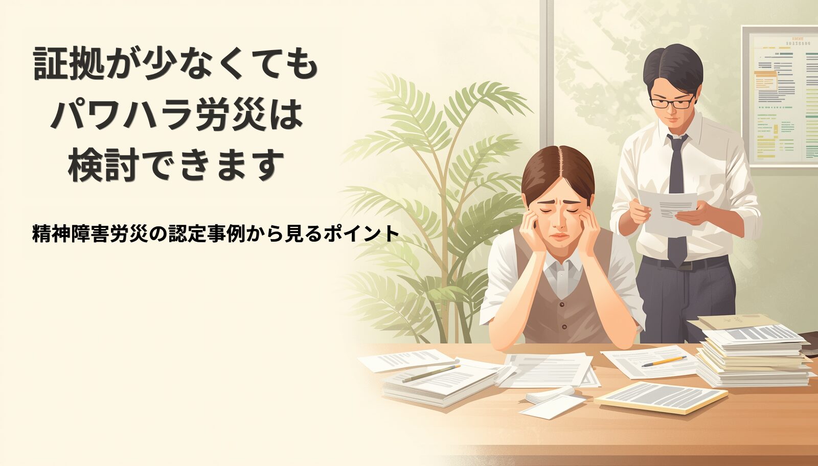 証拠が少ないパワハラ・精神障害労災について、専門家が相談者に寄り添いながら資料を整理しているイメージ