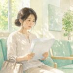 労災の証明書を書いてもらえず病院の待合室で書類を見つめる女性のイラスト。こもれび社労士事務所が対応策を解説。