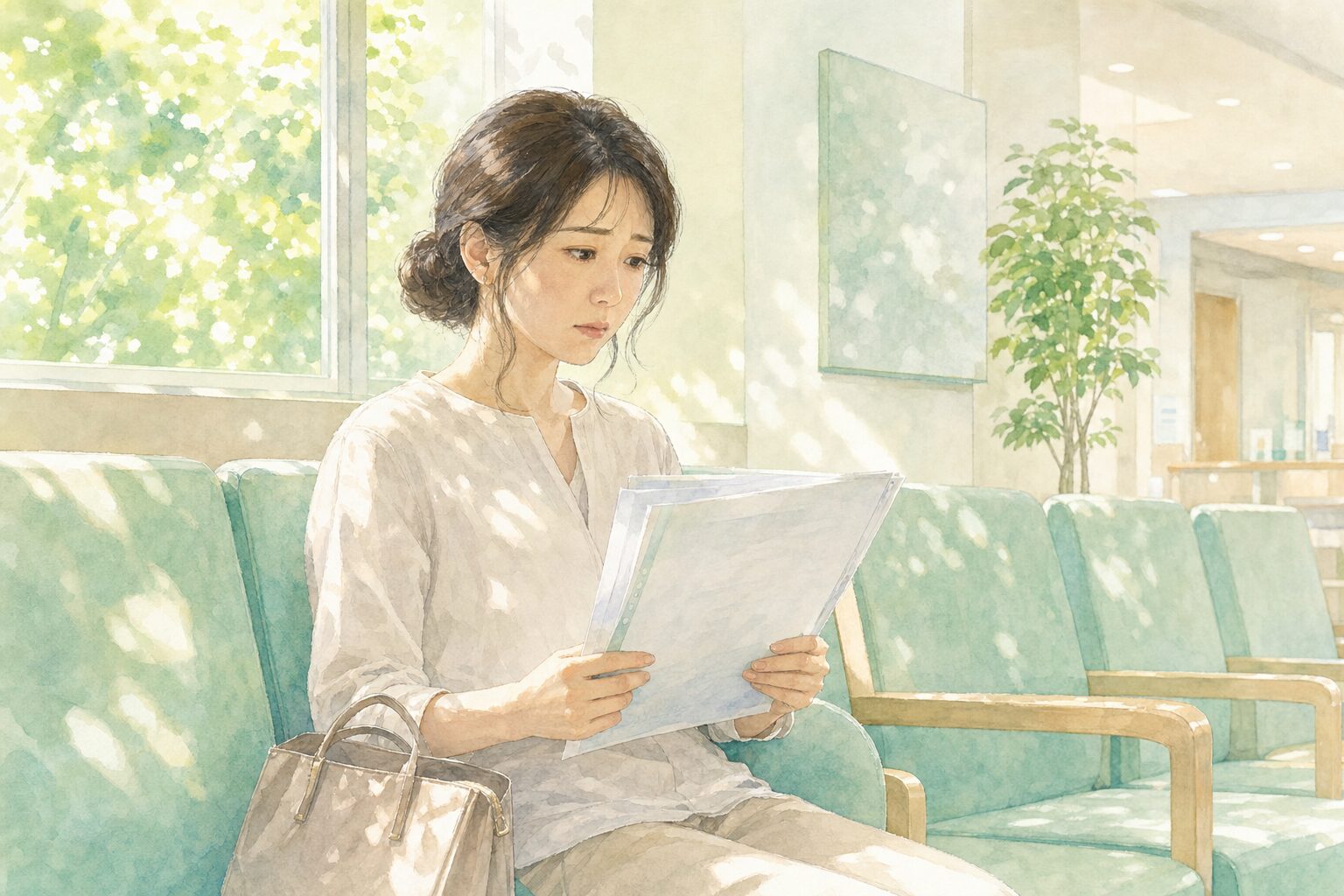 労災の証明書を書いてもらえず病院の待合室で書類を見つめる女性のイラスト。こもれび社労士事務所が対応策を解説。