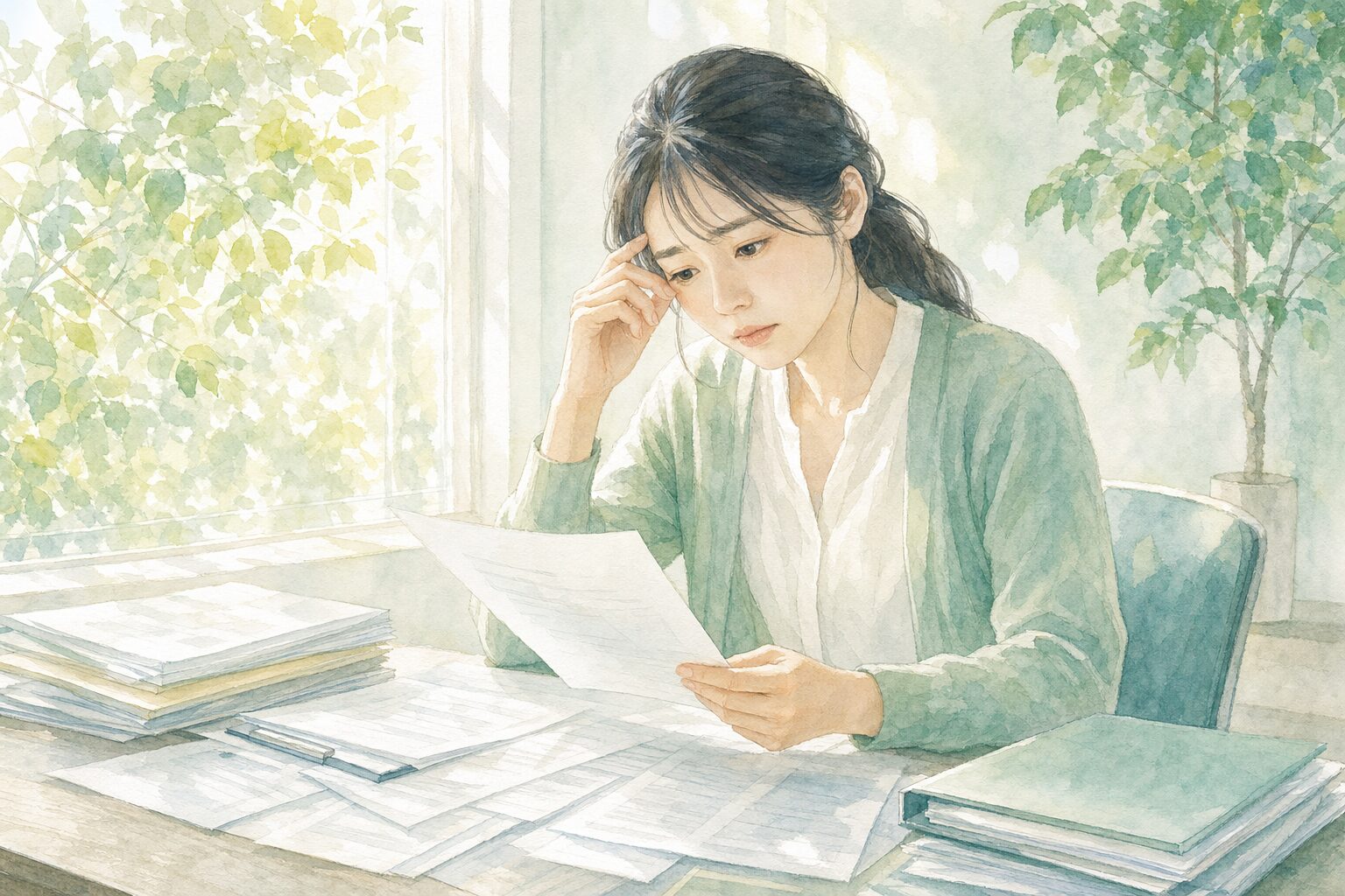労災様式7号・8号の書類を前に悩んでいる女性が、木漏れ日の中で整理しようとしているイラスト。病院で止まっている方へ向けたこもれび社労士事務所のイメージ画像