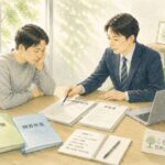 労災や障害年金の書類を前に、社労士が相談者と一緒に整理しているイメージ