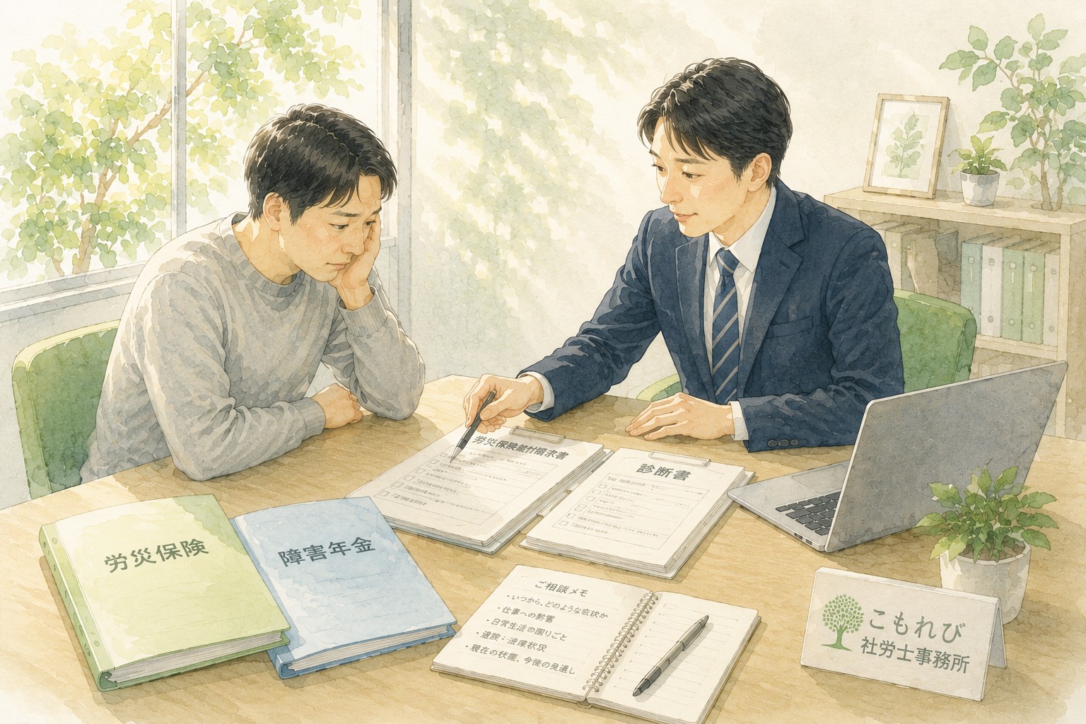 メンタル不調や労災申請について、一緒に状況整理を進めるこもれび社労士事務所のイメージ