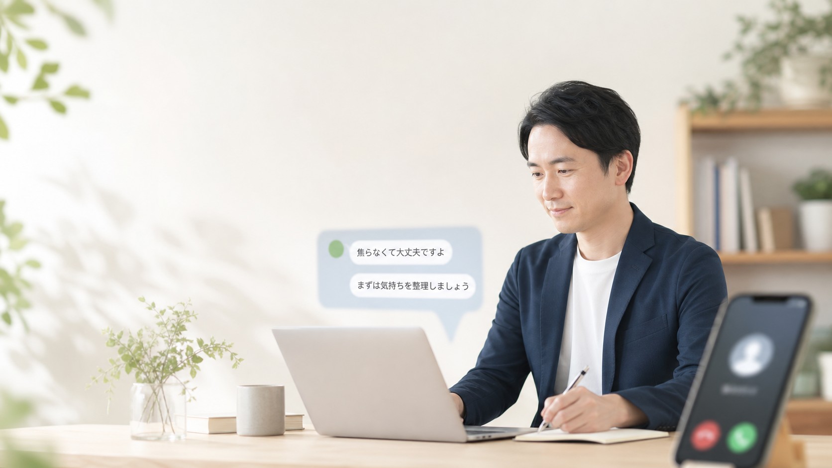 やわらかい雰囲気の部屋でパソコンに向かい、安心して相談できる環境をイメージした男性社労士。「急かさない相談」をテーマにしたアイキャッチ画像