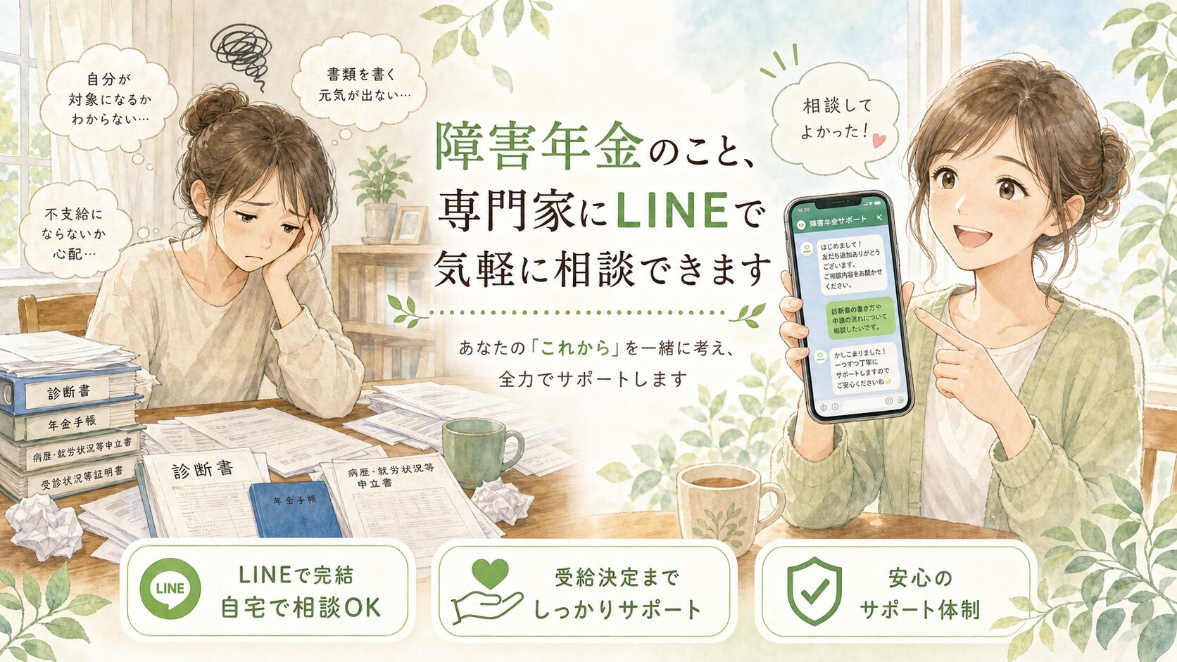 障害年金の書類を前に一人で悩んでいた方がLINEで専門家に相談し、安心して申請へ進む流れのイメージ画像