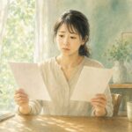 傷病手当金と労災のどちらを申請すべきか、2枚の書類を前に悩む女性のイラスト。こもれび社労士事務所。