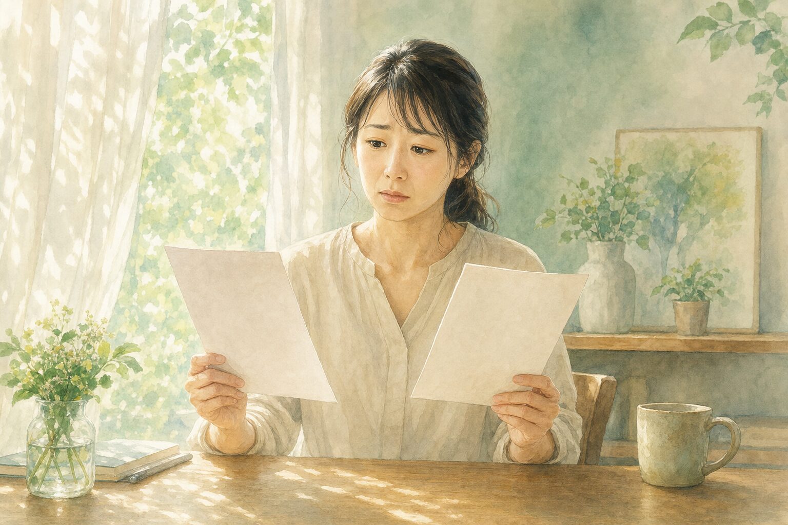 hh傷病手当金と労災のどちらを申請すべきか、2枚の書類を前に悩む女性のイラスト。こもれび社労士事務所。
