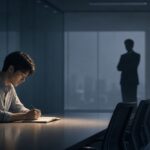 退職強要によるプレッシャーで一人で悩む会社員と、出口を探そうとしている様子を表現したイラスト