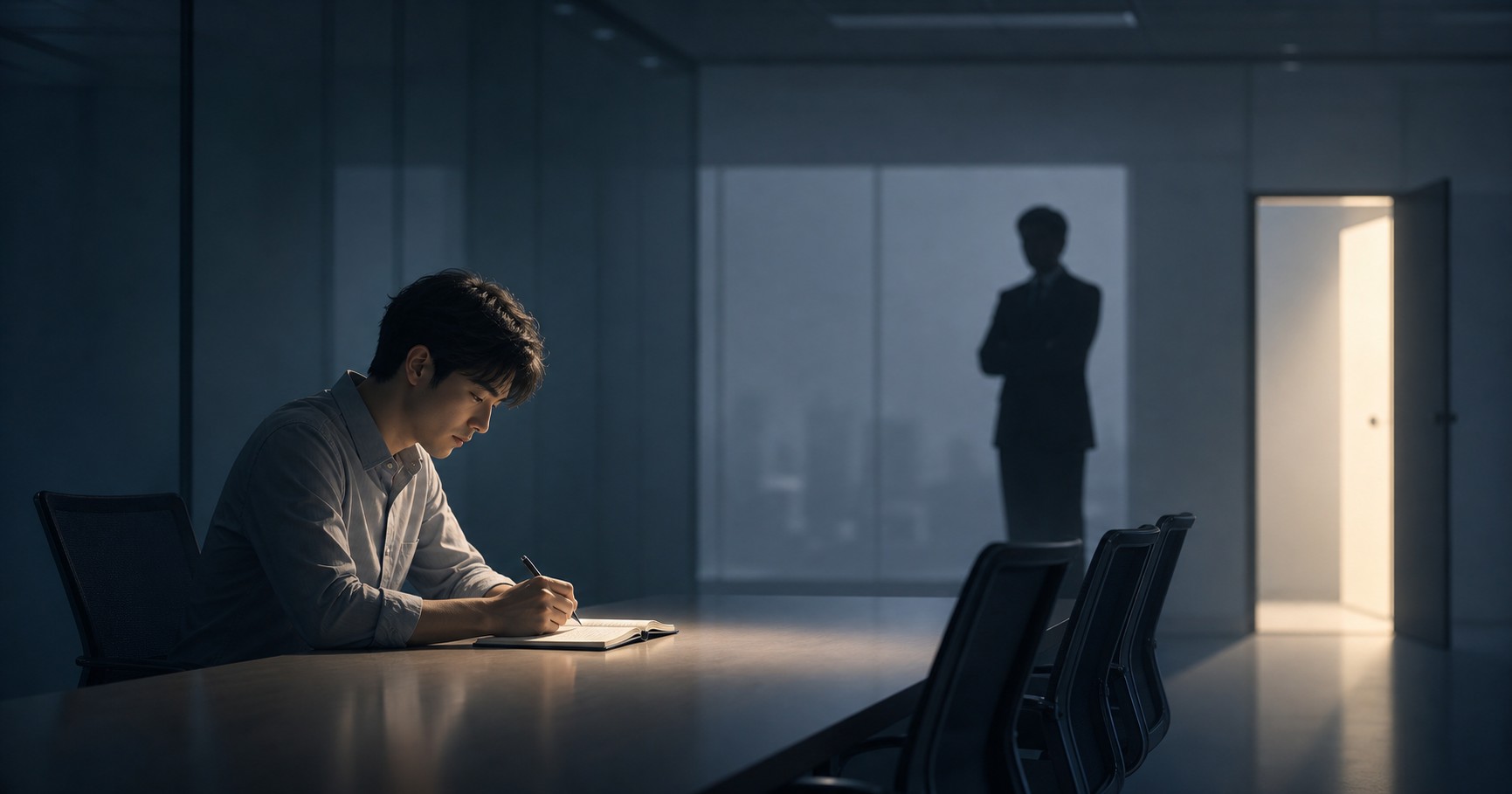 退職強要によるプレッシャーで一人で悩む会社員と、出口を探そうとしている様子を表現したイラスト
