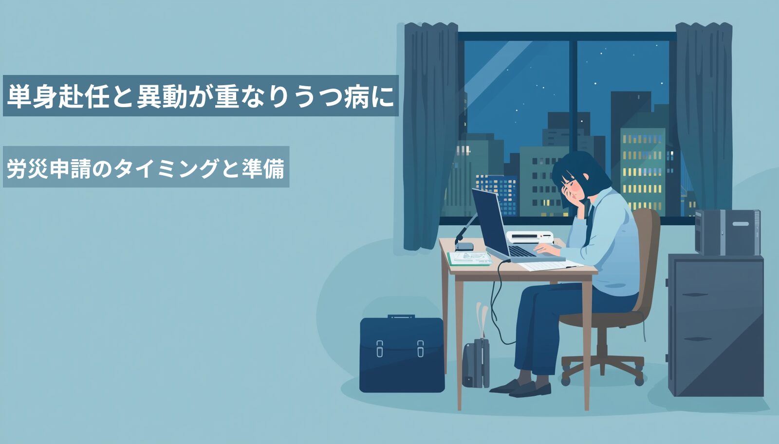 単身赴任と異動が重なりうつ病になった場合の労災申請を解説するページのアイキャッチ画像