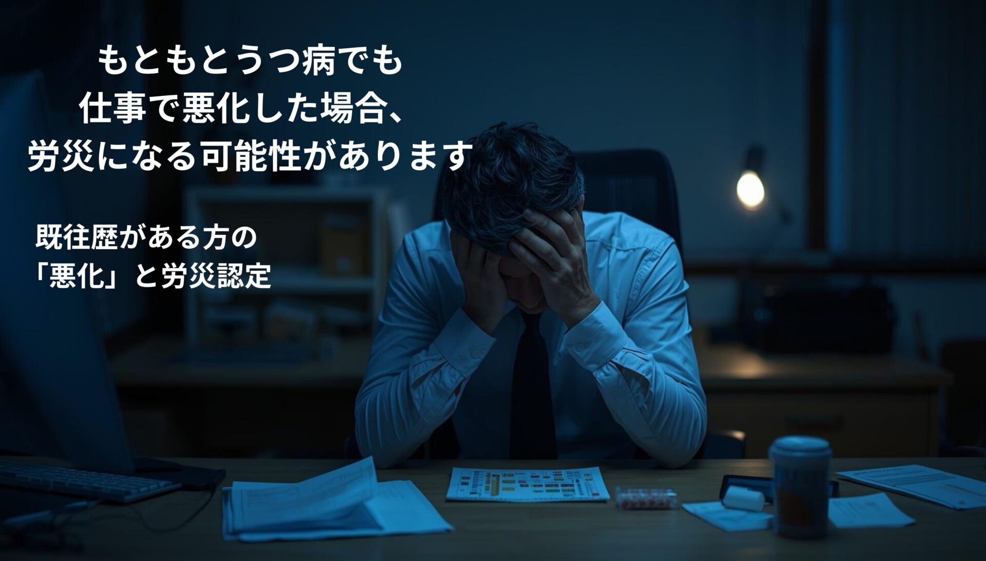 もともとうつ病などの既往歴がある方が、仕事のストレスで悪化し労災申請を検討しているイメージ