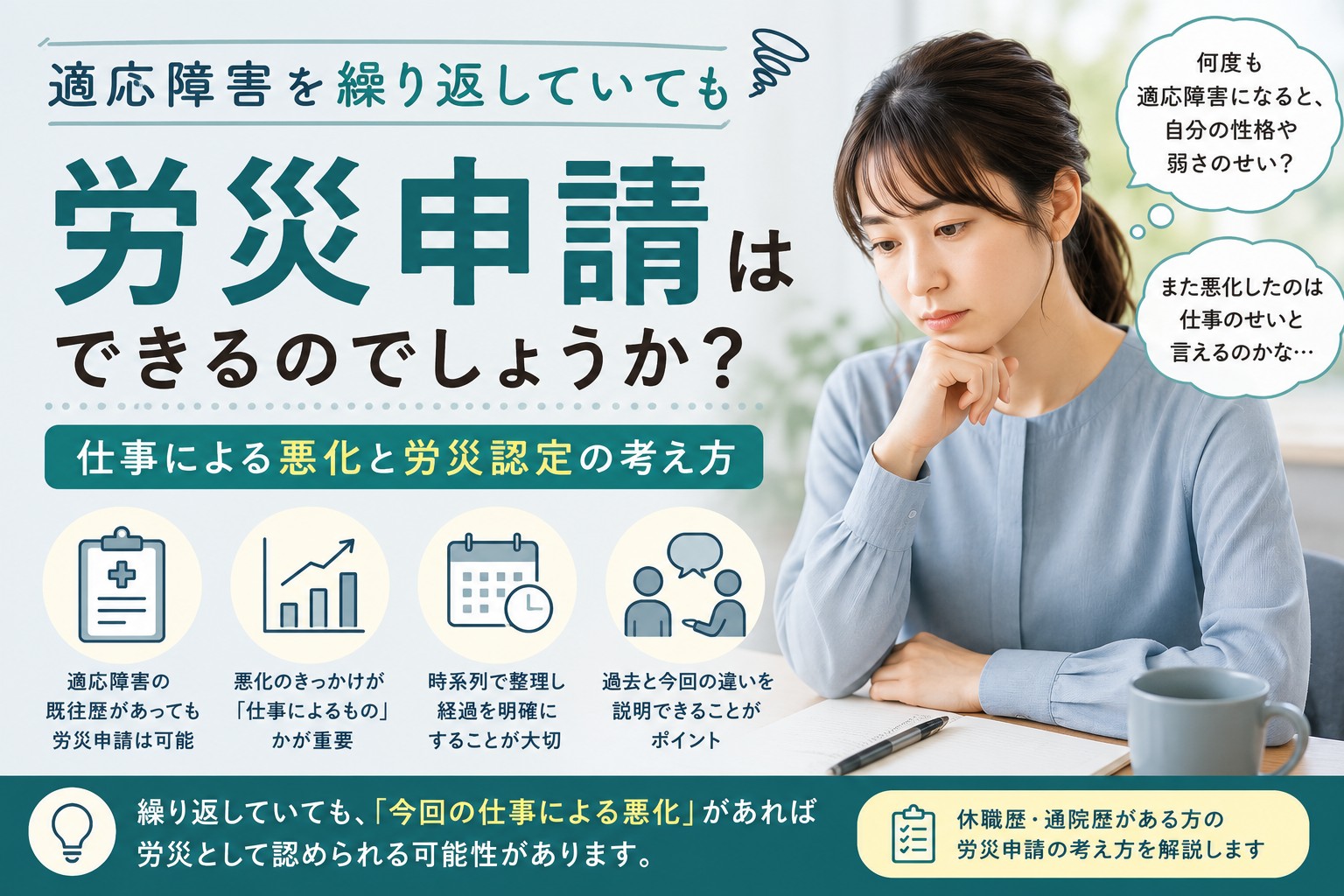 適応障害を繰り返している方が仕事による体調悪化と労災申請について考えているイメージ