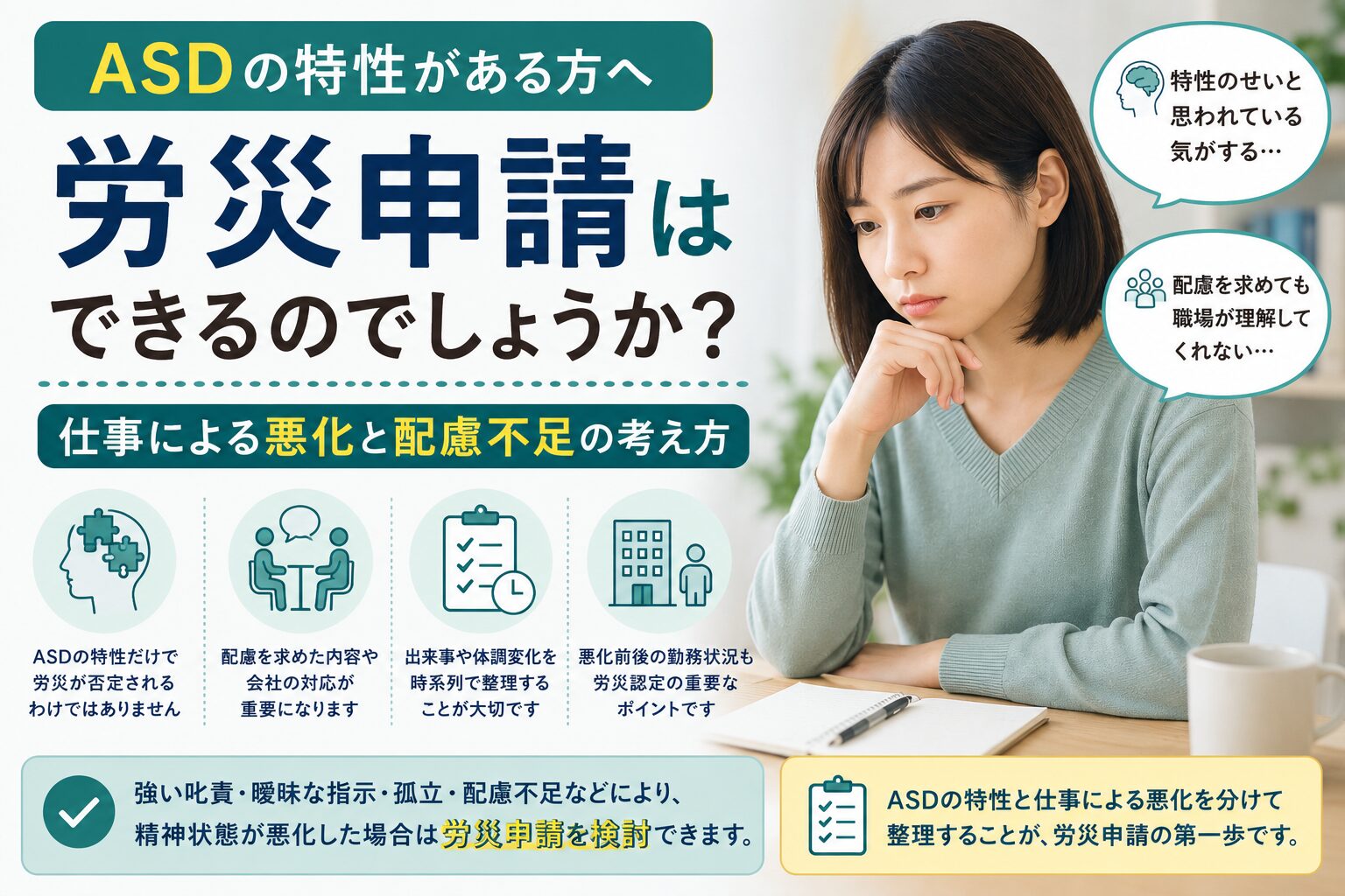ASDの特性がある方が仕事による体調悪化と労災申請について考えているイメージ