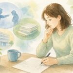 病歴・就労状況等申立書と職場の出来事の整理をイメージした水彩イラスト
