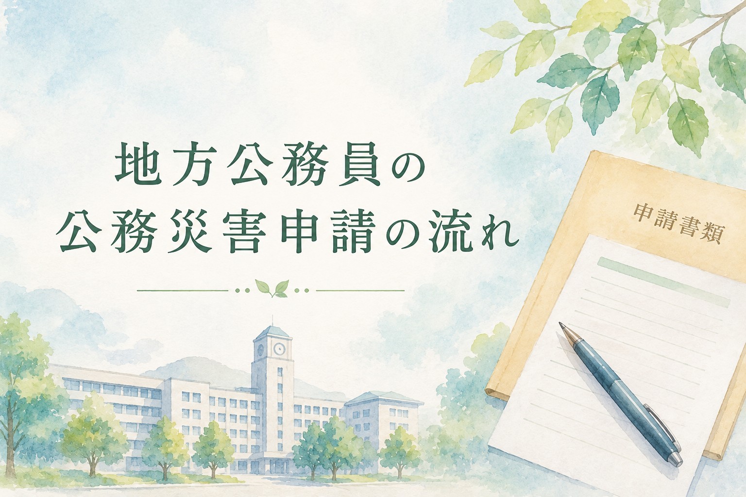 地方公務員の公務災害申請の流れをイラストで表現したアイキャッチ。任命権者を経由した認定請求から地方公務員災害補償基金支部での認定までの流れを分かりやすく解説。
