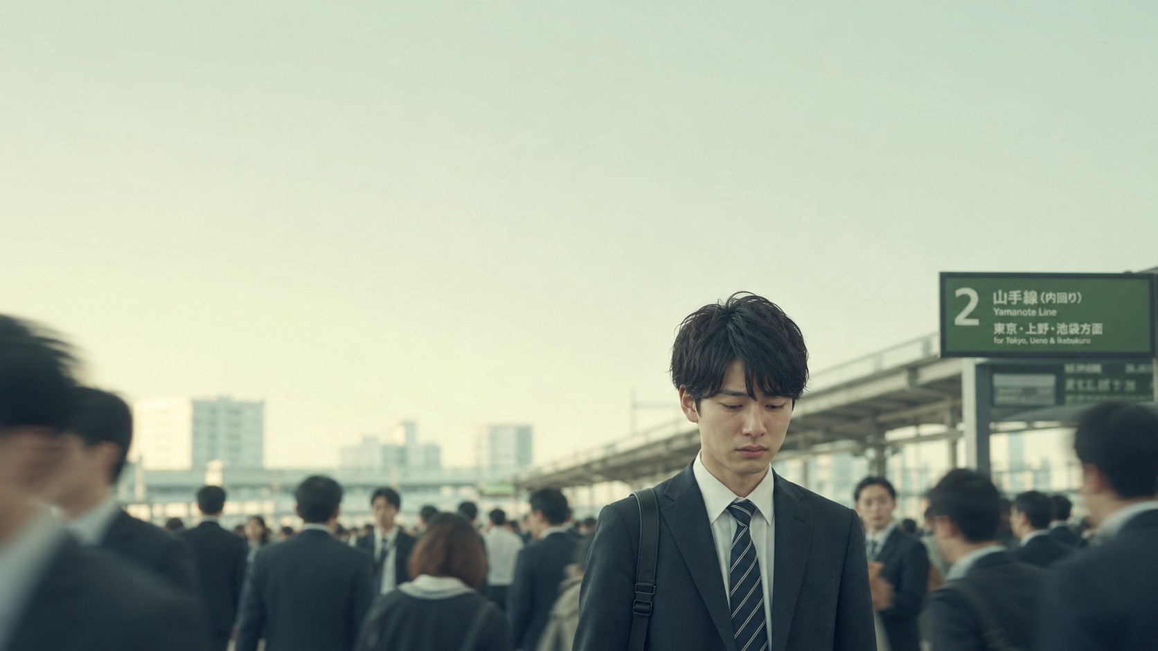 通勤中に不安そうな表情でうつむく会社員|通勤で涙が出る・月曜日が怖いなど仕事のストレスによるメンタル不調のイメージ