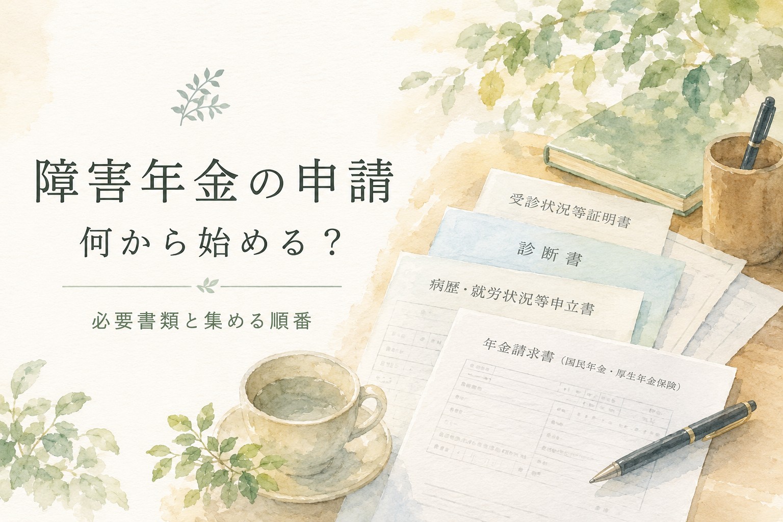 障害年金の申請に必要な書類と集める順番を整理するイメージ