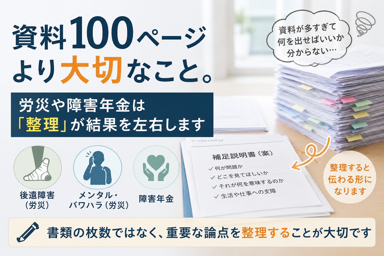 資料100ページより大切なこと。後遺障害・メンタル労災・障害年金では、書類の枚数ではなく重要な論点を整理して伝えることが大切であることを解説するイメージ画像