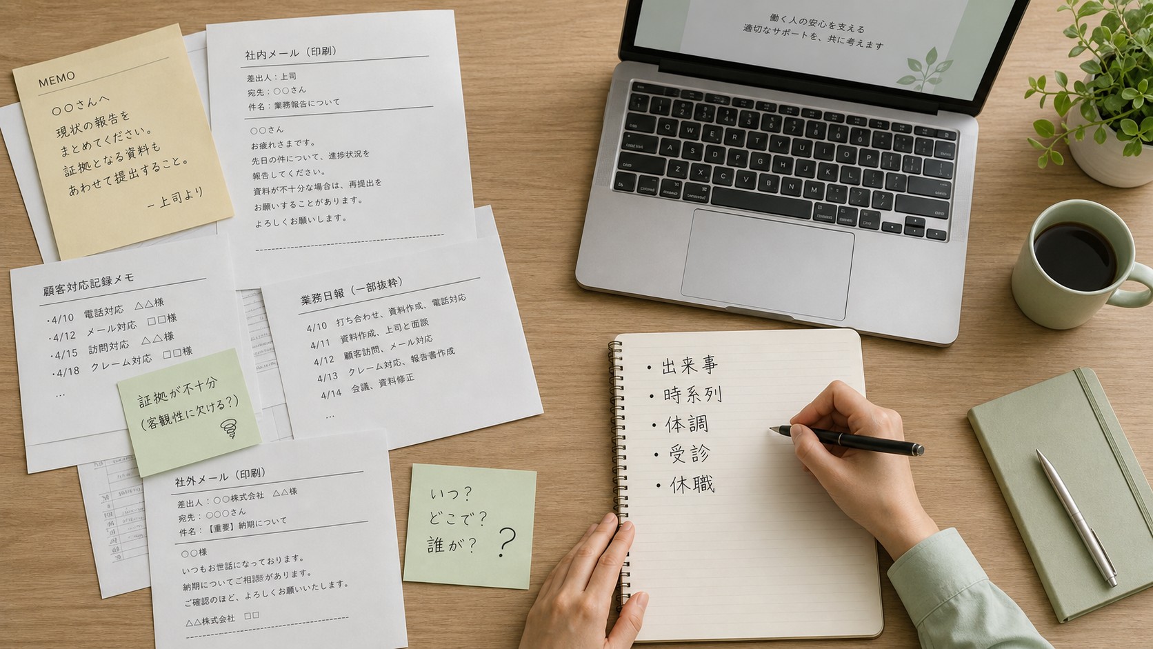 労災申請や障害年金の資料整理イメージ。カルテや診断書、時系列表を整理する社労士業務