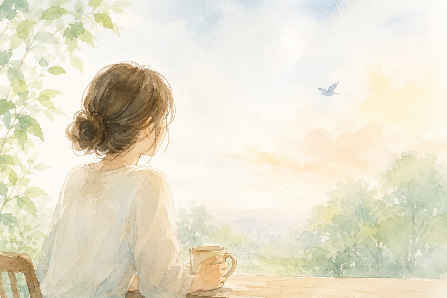 「自分が我慢すればいい」と抱え込む人が一歩踏み出すことを表現した水彩イラスト