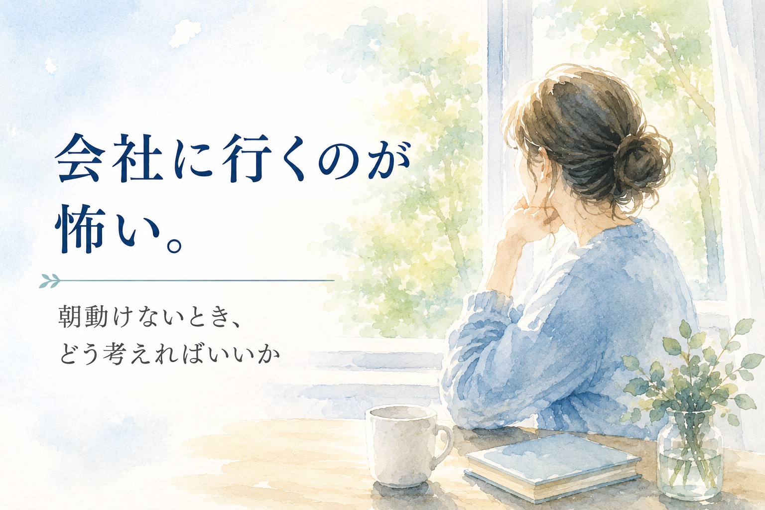 会社に行くのが怖くなり、朝に動けなくなるつらさをイメージした水彩イラスト
