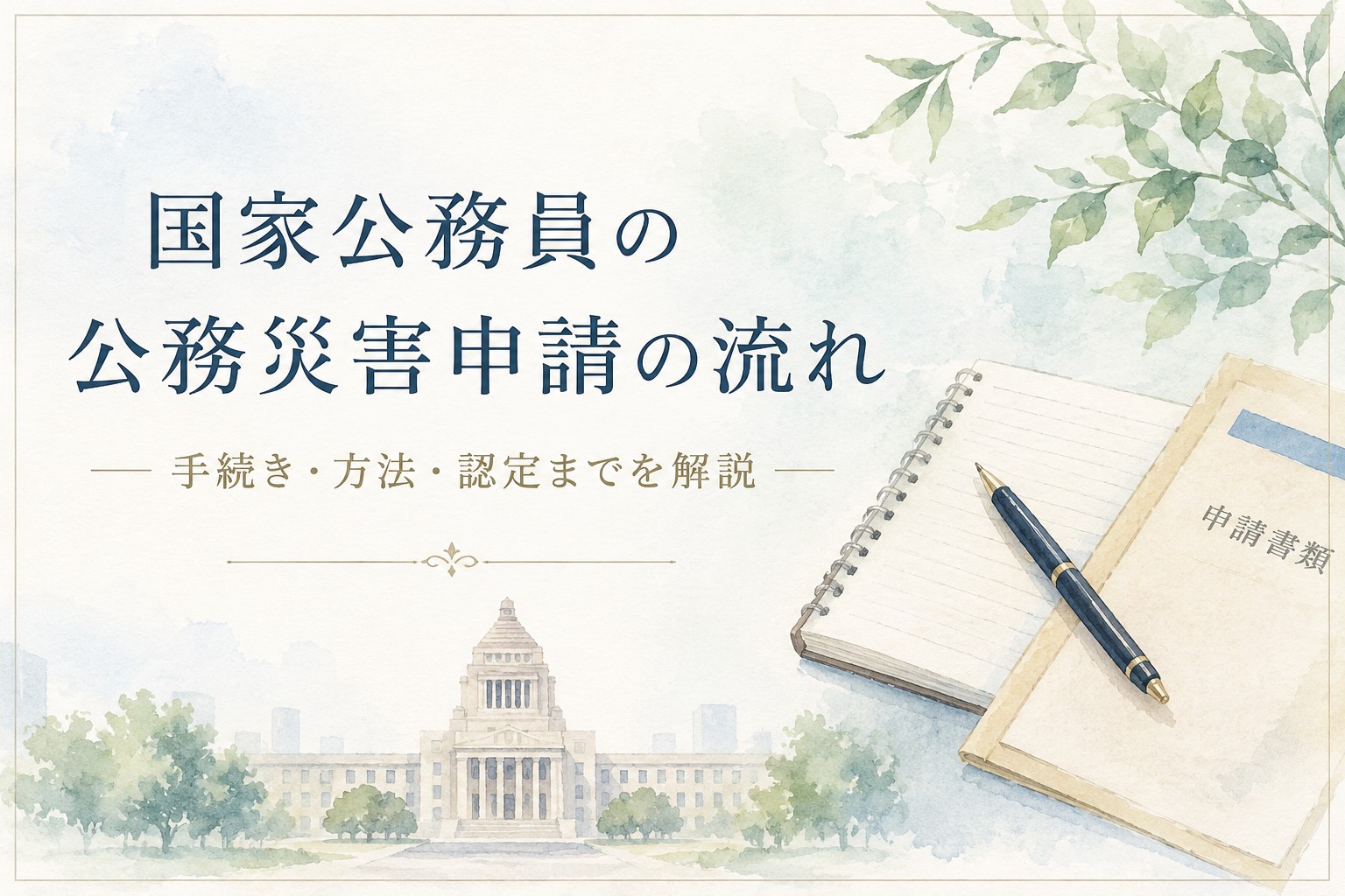 国家公務員の公務災害申請の流れを分かりやすく解説した水彩イラスト。所属先への申請から認定・補償までの流れを紹介。