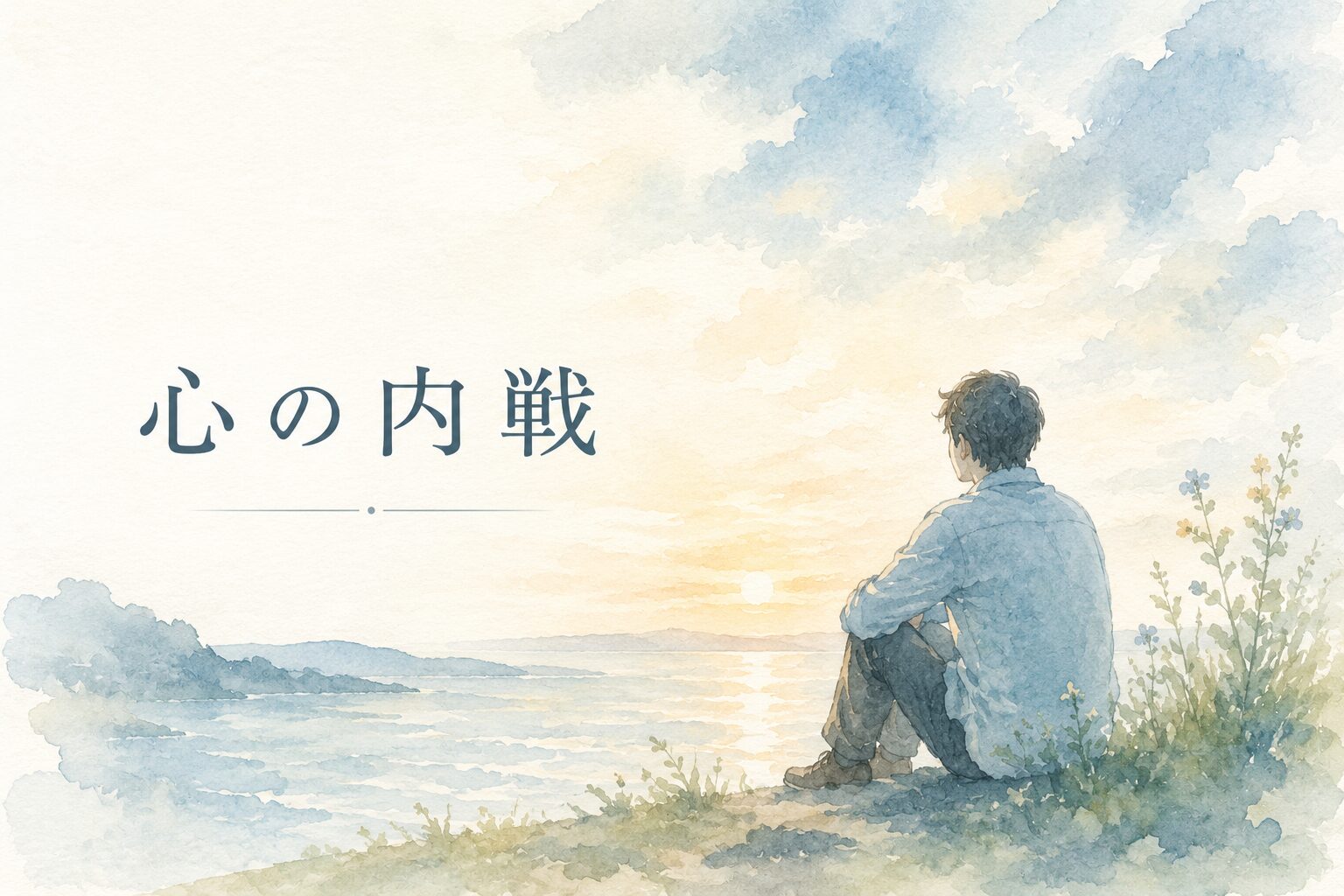 心の内戦をテーマにした水彩イラスト。海辺で遠くを見つめる人物