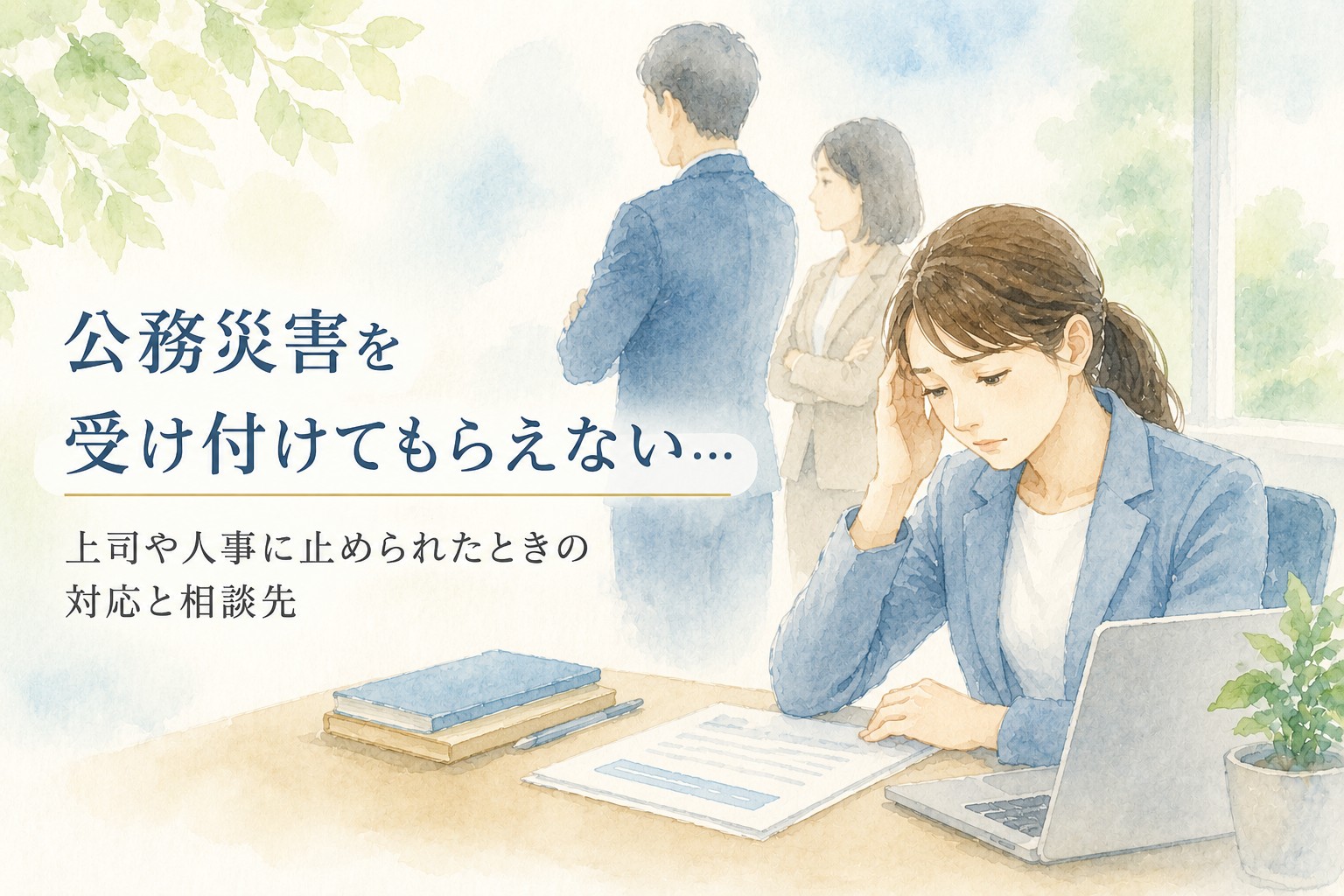 公務災害申請を職場に受け付けてもらえず悩む公務員をイメージした水彩イラスト。上司や人事に止められた場合の対応を解説する記事のアイキャッチ。
