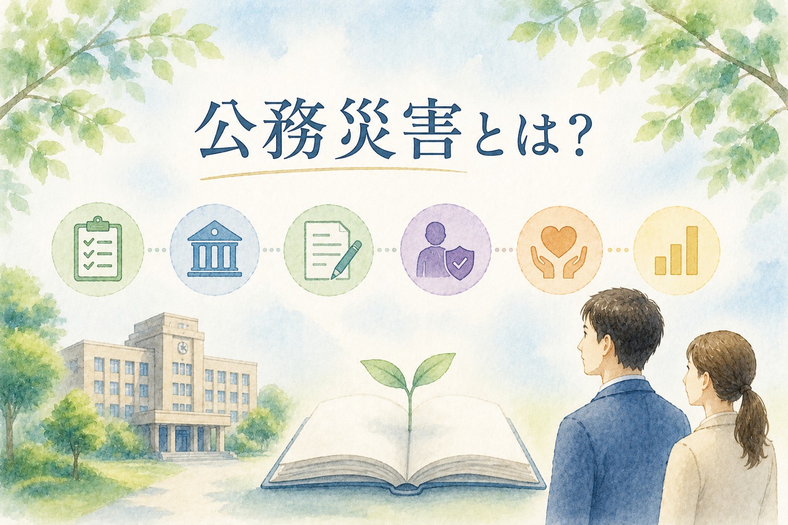 公務災害とは何かを総合的に解説する水彩イラスト。申請の流れ、認定、補償までの全体像を分かりやすく案内した公務員向けガイドのアイキャッチ。