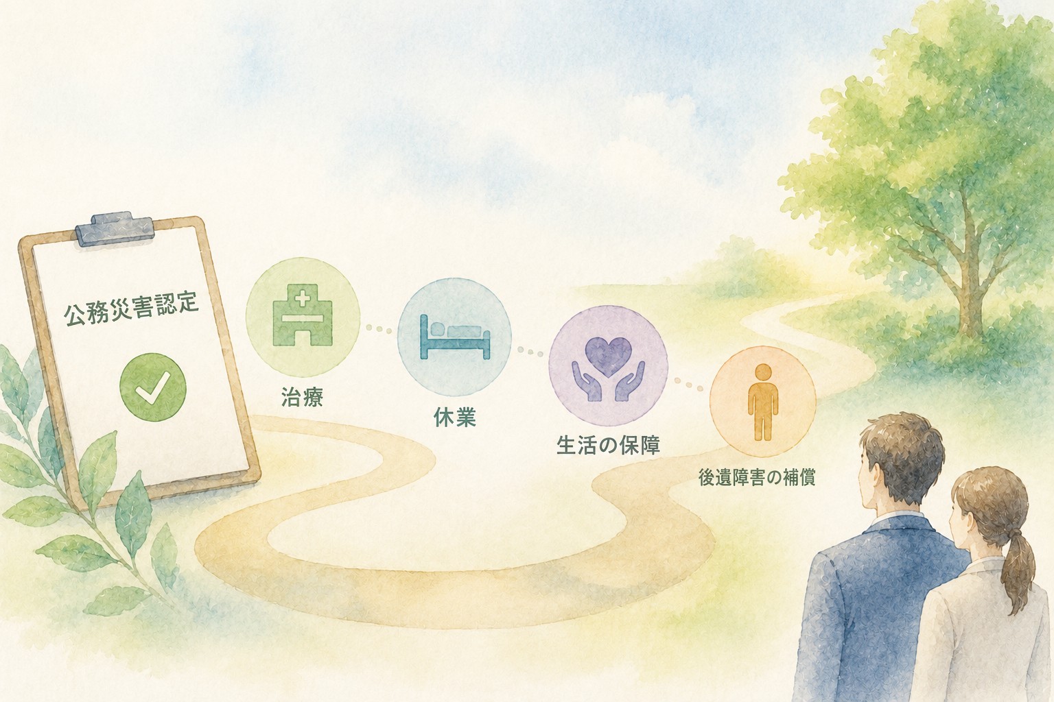 公務災害認定後の補償の流れを表した水彩イラスト
