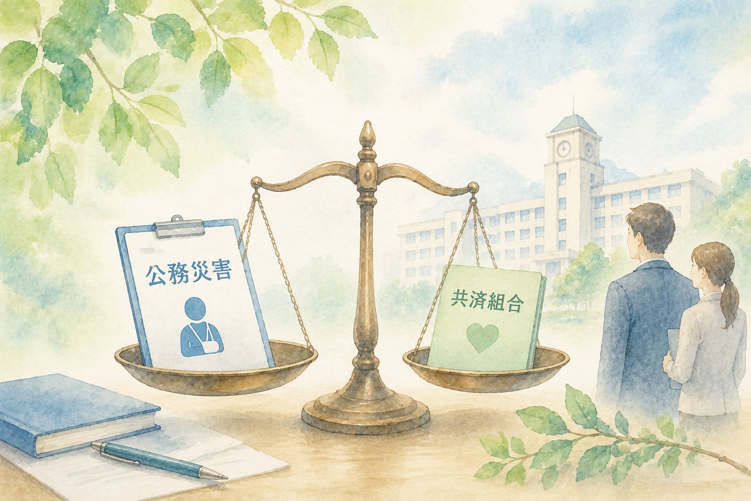 公務災害と共済組合の違いを比較したイメージイラスト