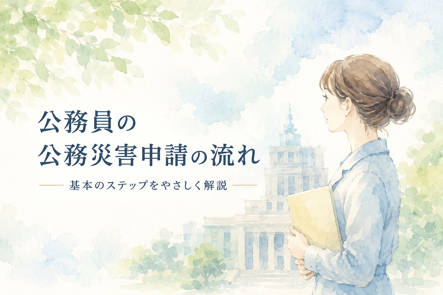 公務員の公務災害申請の流れをイラストで表現したアイキャッチ。申請手続きや認定までの基本的な流れを分かりやすく解説。