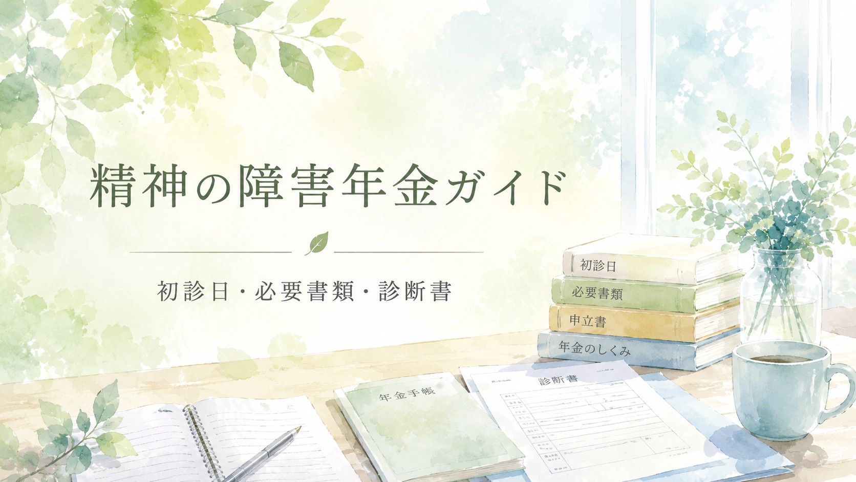 精神の障害年金ガイドのイメージ。初診日・必要書類・診断書など申請の流れを整理する水彩イラスト