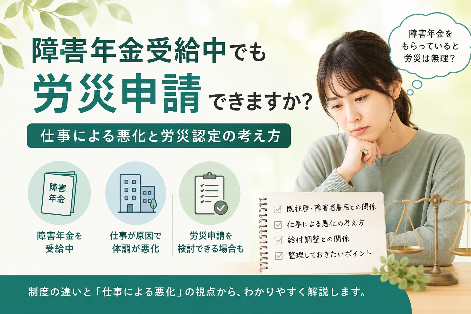 障害年金を受給中の方が、仕事による体調悪化と労災申請の関係について考えているイメージ