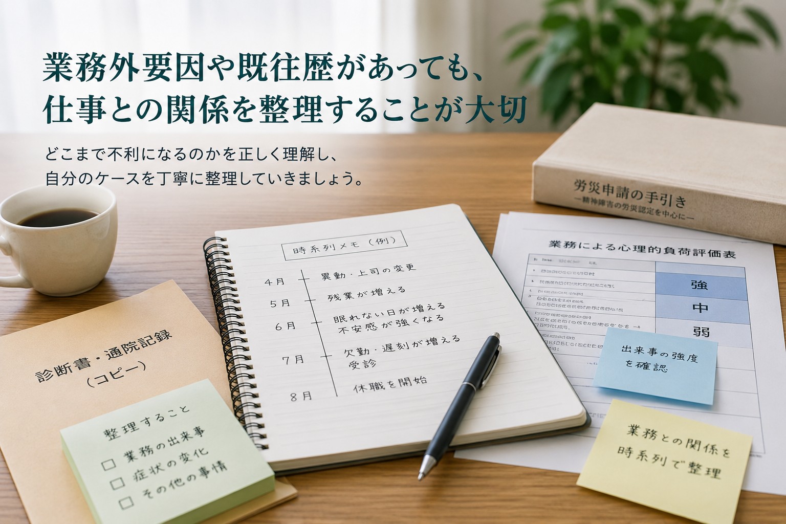 業務外要因や既往歴がある場合のメンタル労災について、時系列や資料を整理しながら検討するイメージ