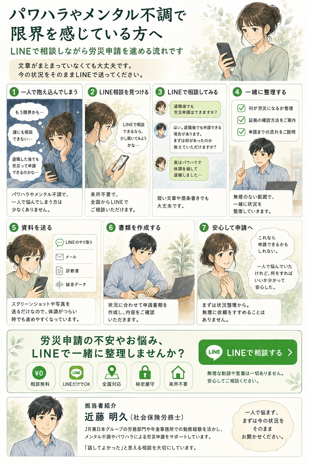 メンタル不調やパワハラによる労災申請を、LINE相談から少しずつ整理しながら進める流れを示した漫画