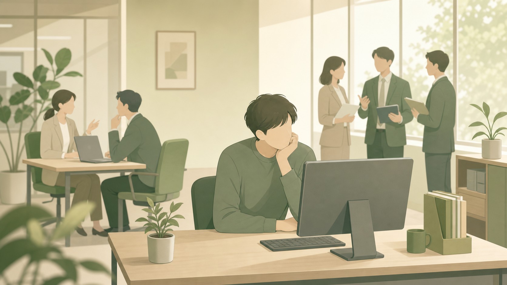 仕事を与えないパワハラで孤立した社員のイメージ。業務外しや干される状態とメンタル不調・労災認定事例を解説