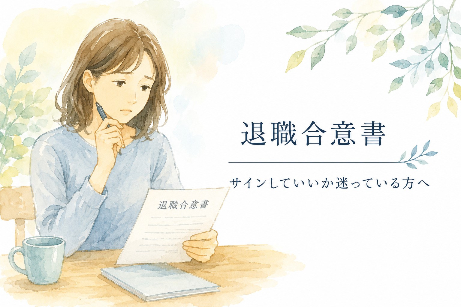 退職合意書への署名を求められ、サインしてよいか悩む女性のイメージ