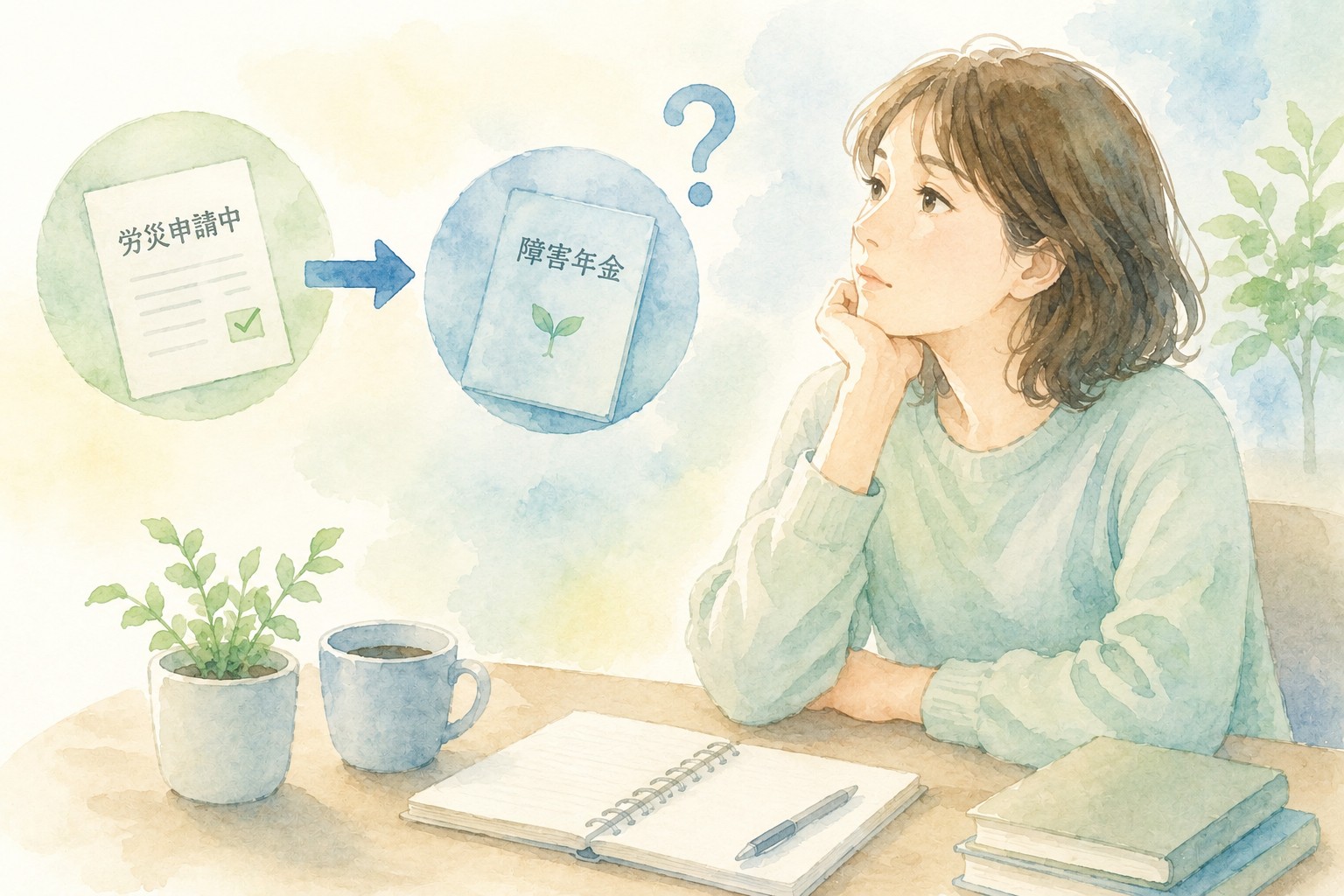 労災申請中でも障害年金を請求できる可能性について考える人物の水彩イラスト