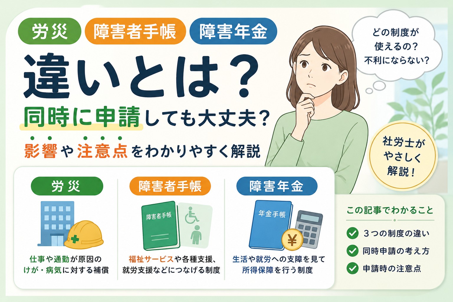 労災・障害者手帳・障害年金の違いと同時申請の影響について解説するイメージ
